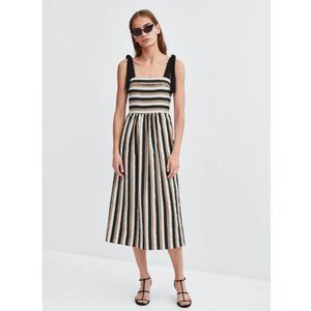 ZARA- TRF - BLACK/TAN/WHITE COTTON BOW STRAP MIDI SUNDRESS - NWOT